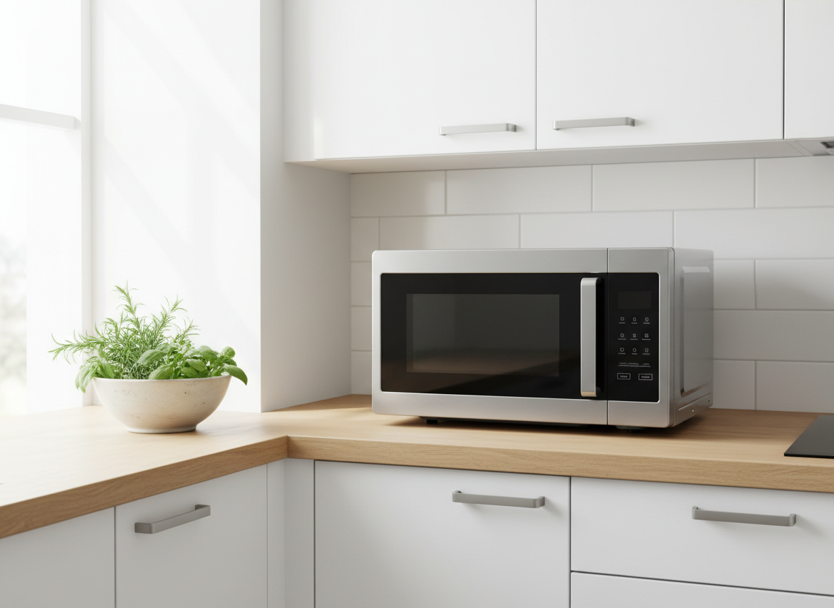 Four micro-ondes moderne posé sur un plan de travail dans une cuisine lumineuse