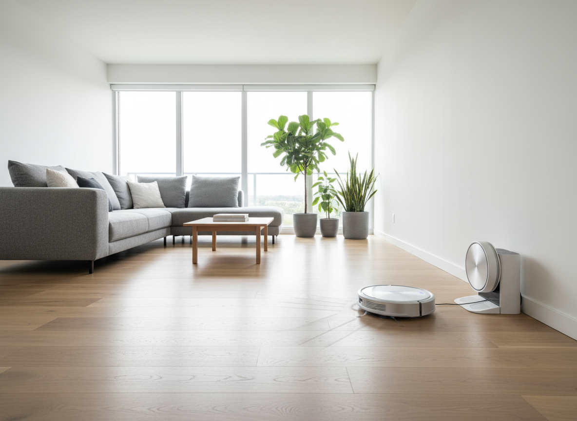 Meilleur aspirateur robot 2026 nettoyant le parquet d'un salon moderne